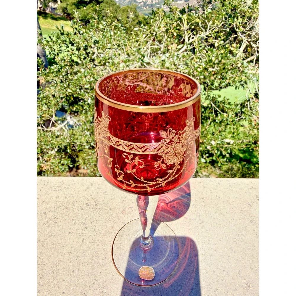 Antique Bohemian Cordial Glass Cranberry Etched Gold Gilt Czech Stemware 7.5